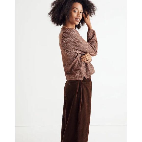Madewell Jacquard Puff-Sleeve Crop Top Dark Merlot Large Casual Fall Staple - Picture 4 of 13
